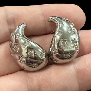 Vintage Silver-Tone Crescent Star Clip-On Earrings